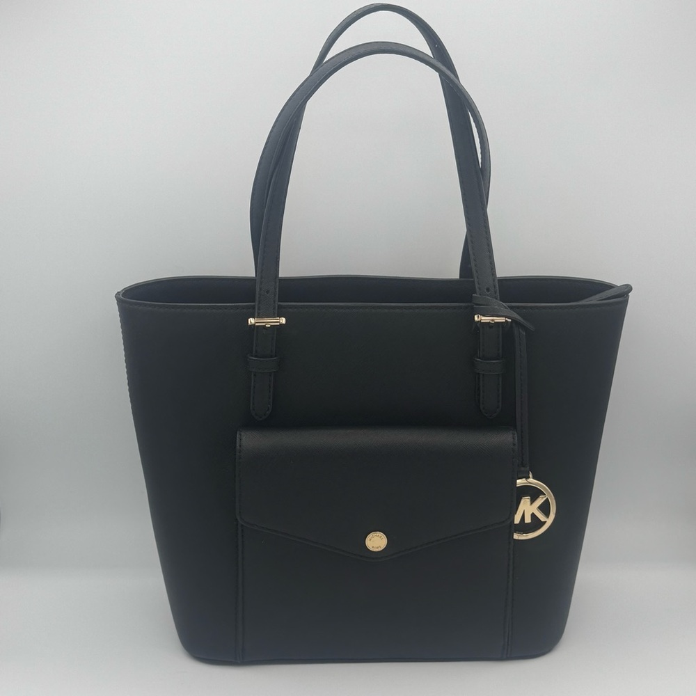 Michael Kors Black Saffiano Leather Jet Set Medium Tote with Gold Hardware